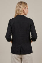 Lumina Wear Isabella women's linen blazer with relaxed fit and ruched sleeves, stylish and lightweight for casual or office wear.