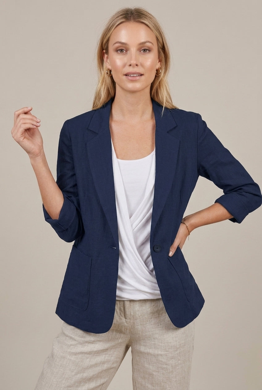 Women's relaxed fit linen blazer with ruched sleeves from Lumina Wear, featuring a stylish and comfortable design.