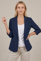 Women's relaxed fit linen blazer with ruched sleeves from Lumina Wear, featuring a stylish and comfortable design.
