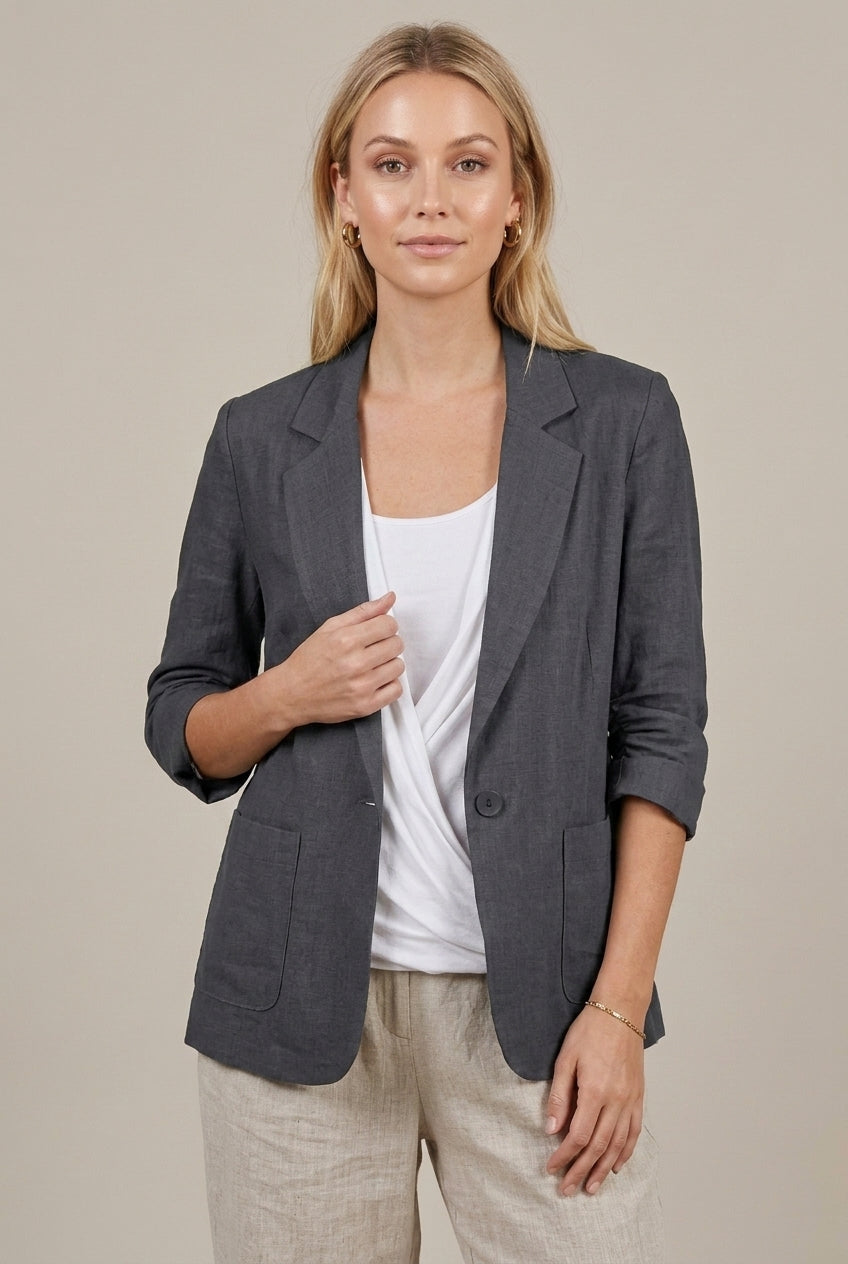 Lumina Wear Isabella women's linen blazer with relaxed fit and ruched sleeves, stylish and comfortable for casual or office wear.