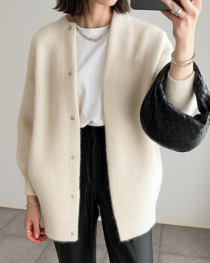 Lumina Wear Isabella women's relaxed fit long cardigan with patch pockets, soft knit and cozy design.