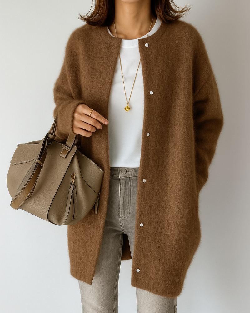 Light gray women's long cardigan by Lumina Wear featuring a relaxed fit and patch pockets, styled for casual comfort.