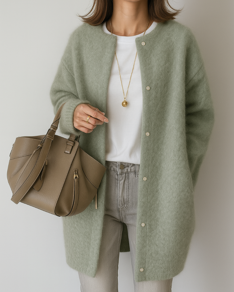 Lumina Wear Isabella relaxed fit long women's cardigan with patch pockets, soft knit fabric and cozy style.