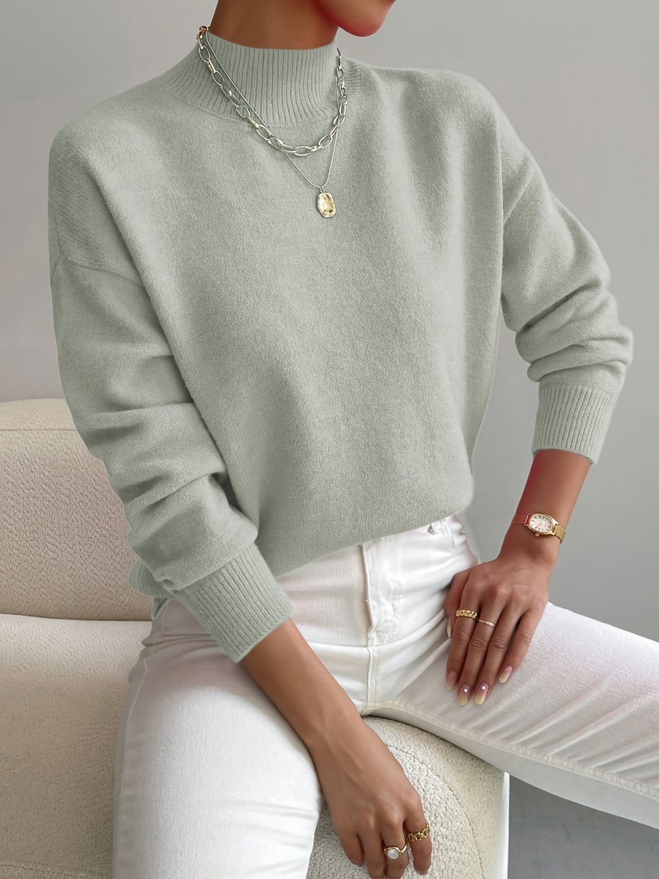 Light gray Lumina Wear Isabella women's relaxed fit soft knit sweater with mock turtleneck, cozy and stylish for casual wear.