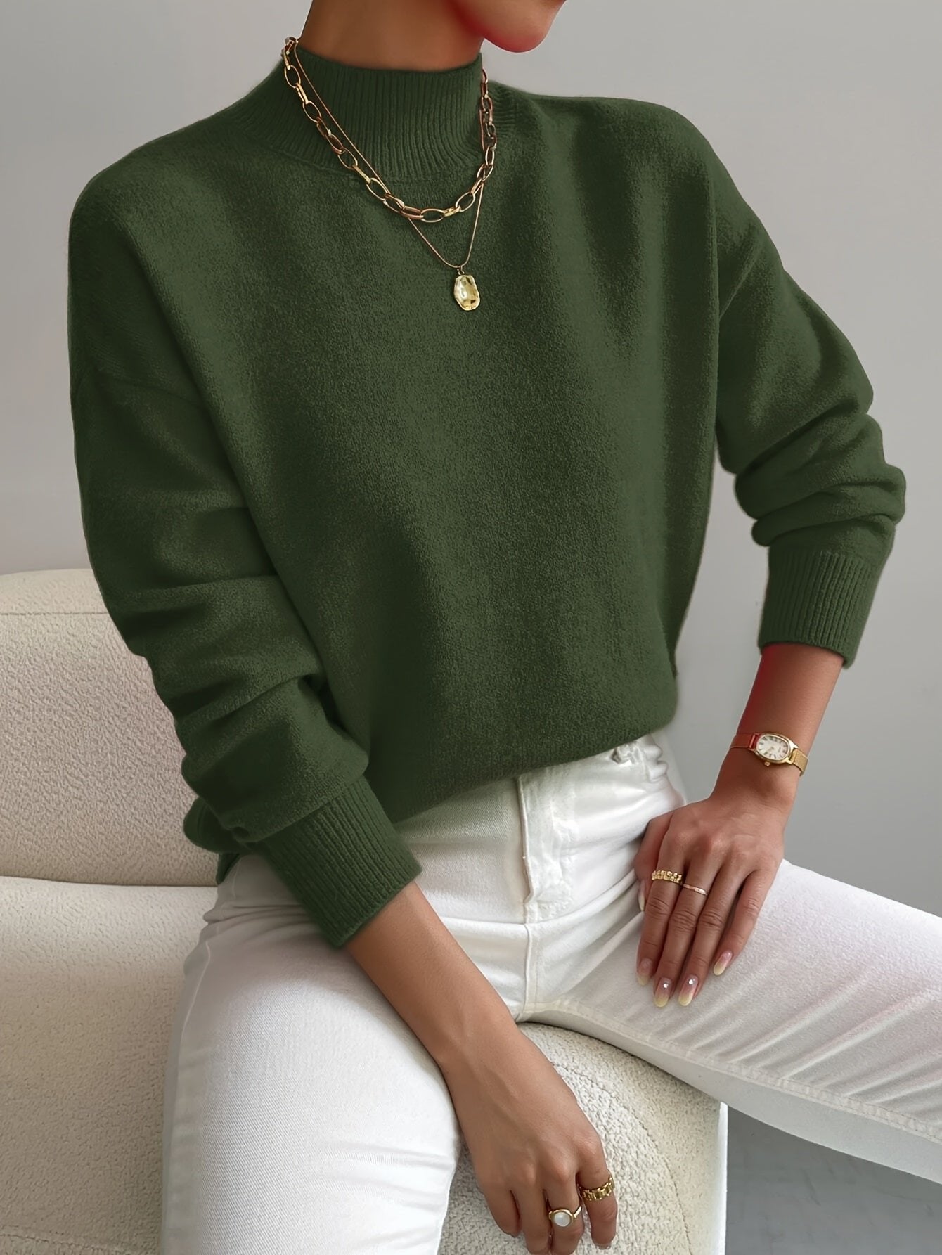 Lumina Wear Isabella relaxed fit soft knit sweater with mock turtleneck, women's cozy sweater in neutral color.