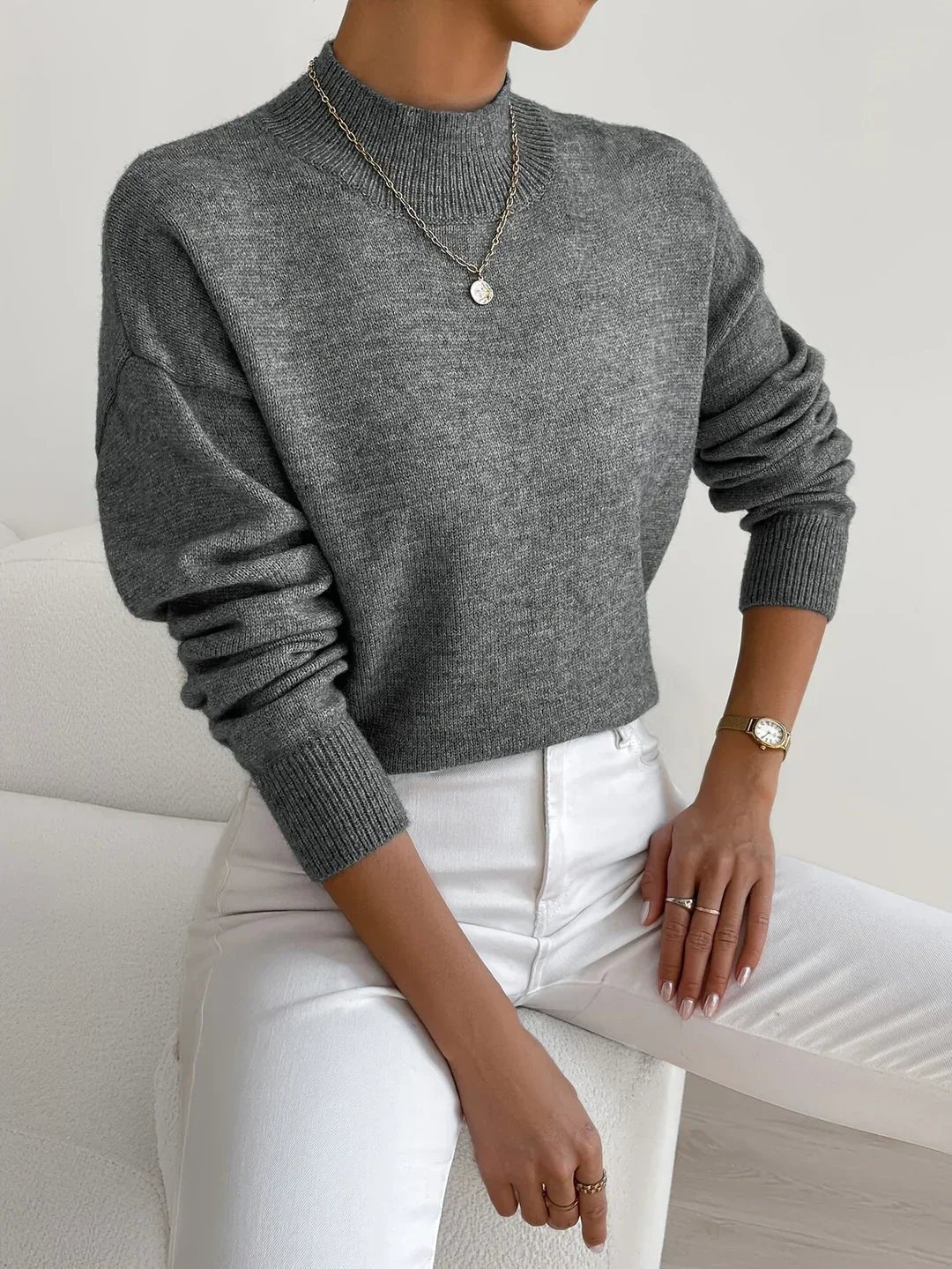 Lumina Wear Isabella relaxed fit soft knit sweater with mock turtleneck, featuring cozy fabric and casual style.