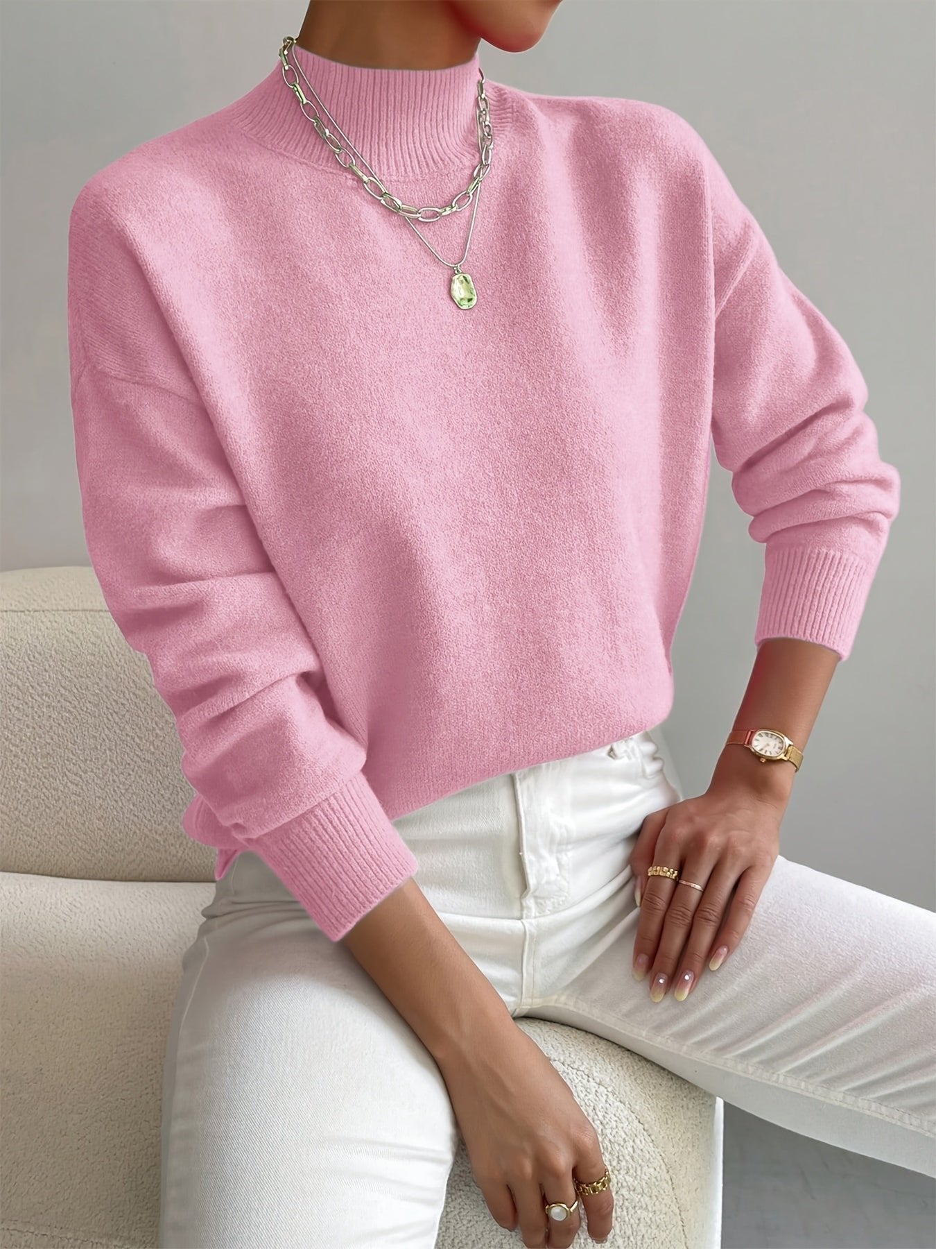 Light gray Lumina Wear Isabella relaxed fit knit sweater with mock turtleneck, soft and cozy for women's casual wear.