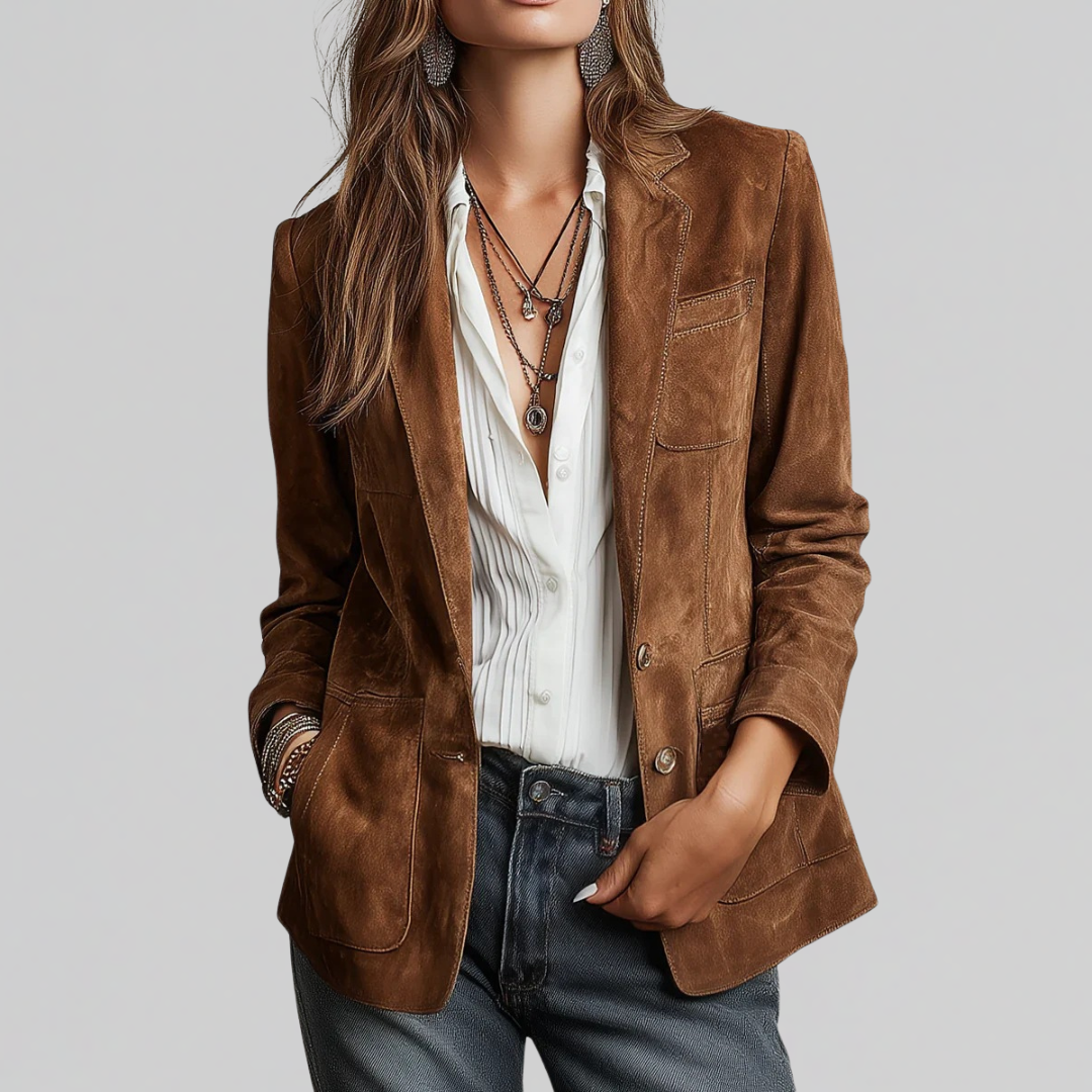 Lumina Wear Isabella women's blazer with relaxed fit, soft suede-touch fabric, notched lapels, stylish and versatile for everyday wear.
