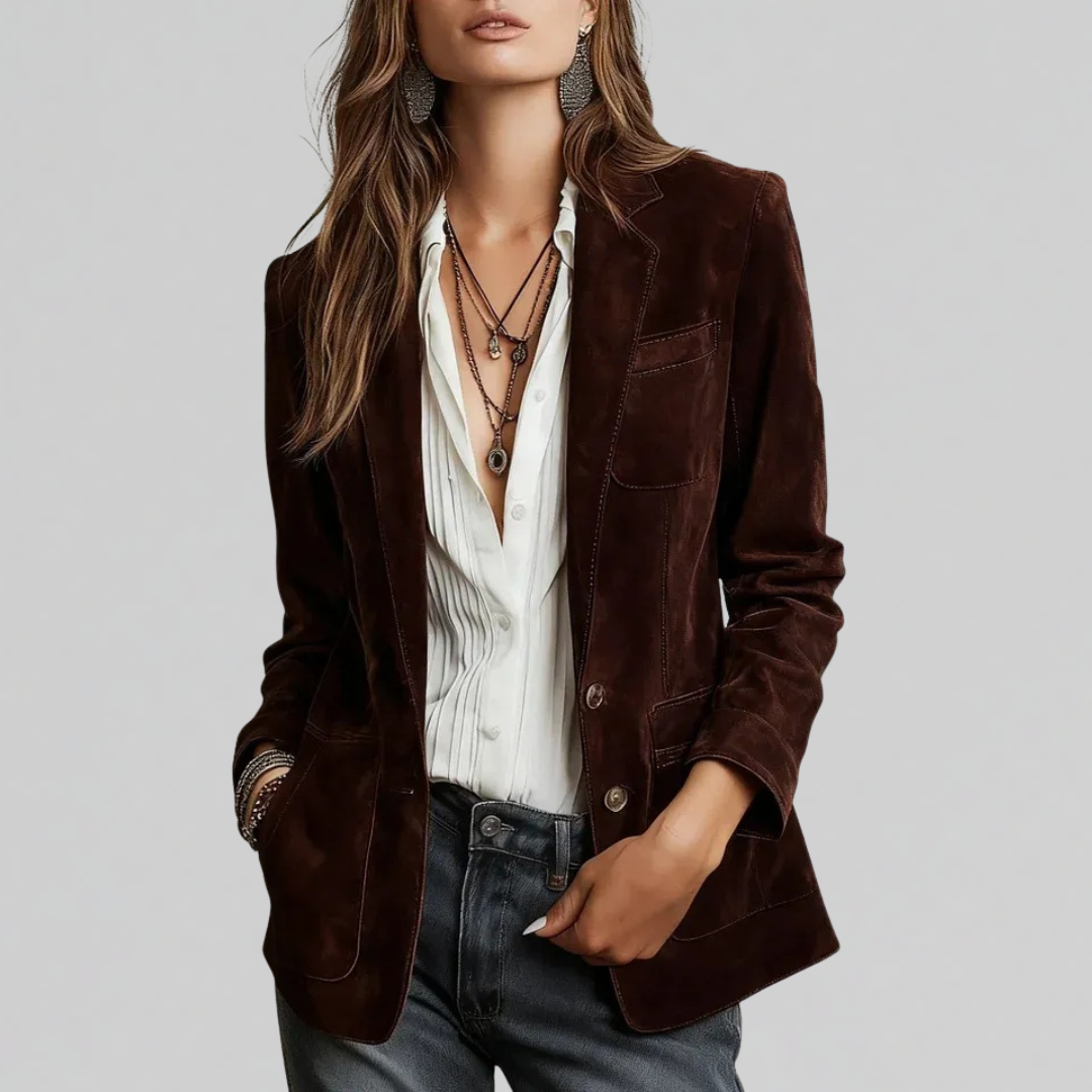 Lumina Wear Isabella relaxed fit blazer with soft suede-touch fabric and notched lapels, stylish and comfortable for versatile wear.