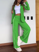 Lumina Wear Isabella relaxed fit striped blazer set for women with matching trousers, stylish and comfortable women's suit ensemble.
