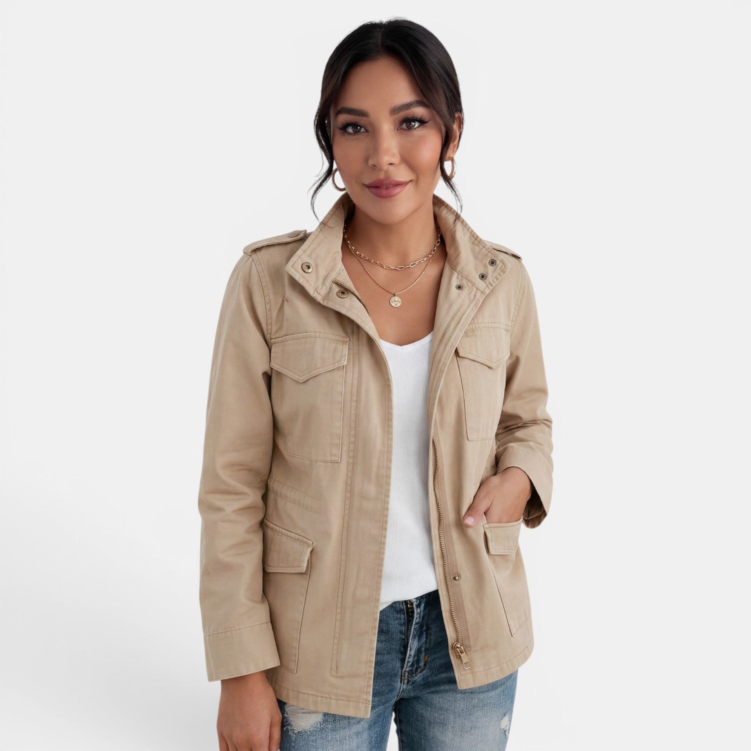 Lumina Wear Isabella relaxed fit utility jacket with adjustable collar, shown in a casual outdoor setting.