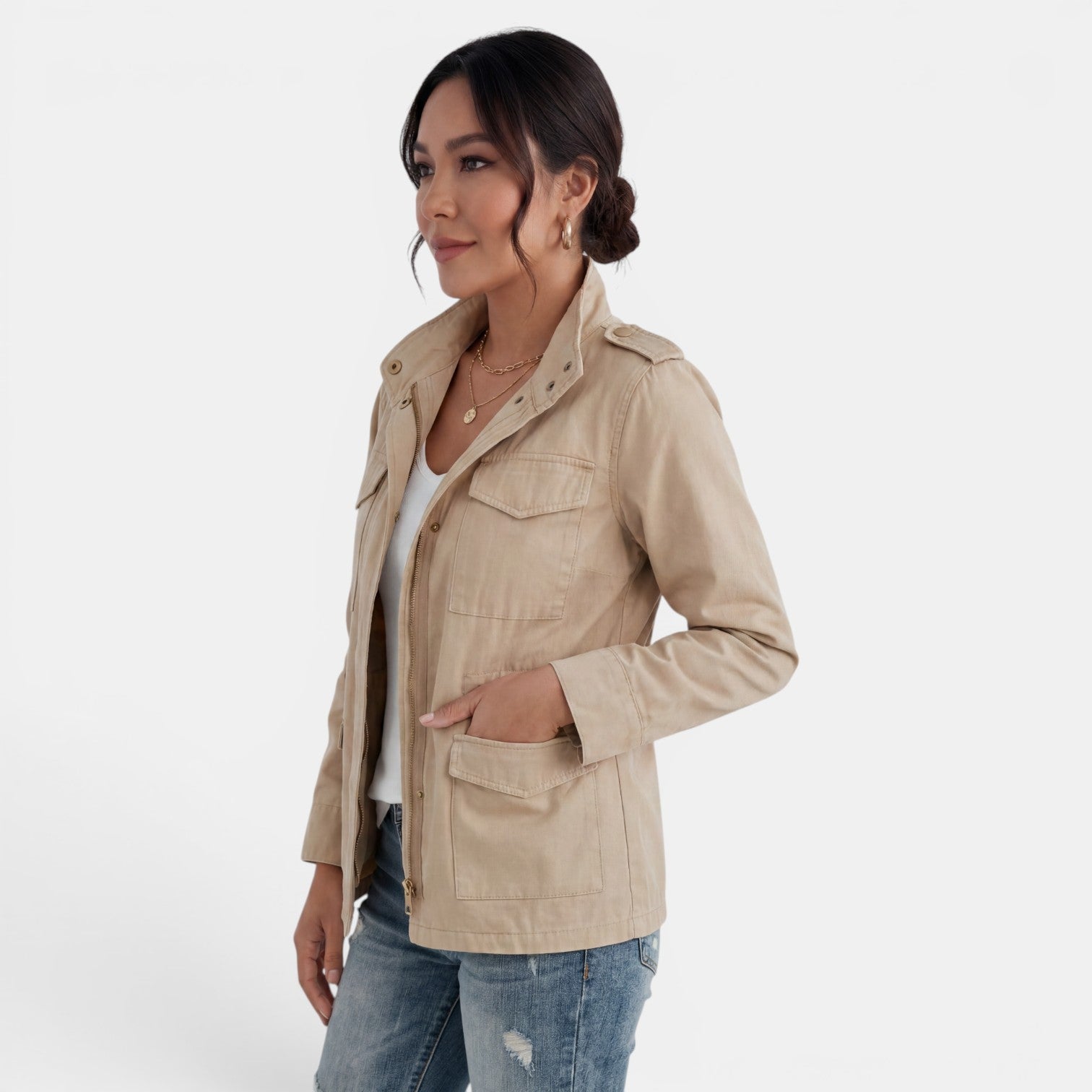 Light-colored Isabella Lumina Wear relaxed fit utility jacket with adjustable collar, shown on a model.