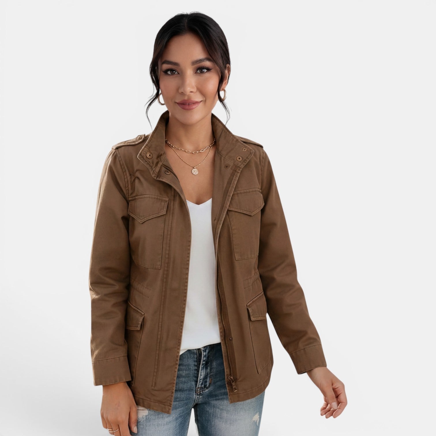 Light gray Lumina Wear Isabella relaxed fit utility jacket with adjustable collar, featuring multiple front pockets and a casual style.