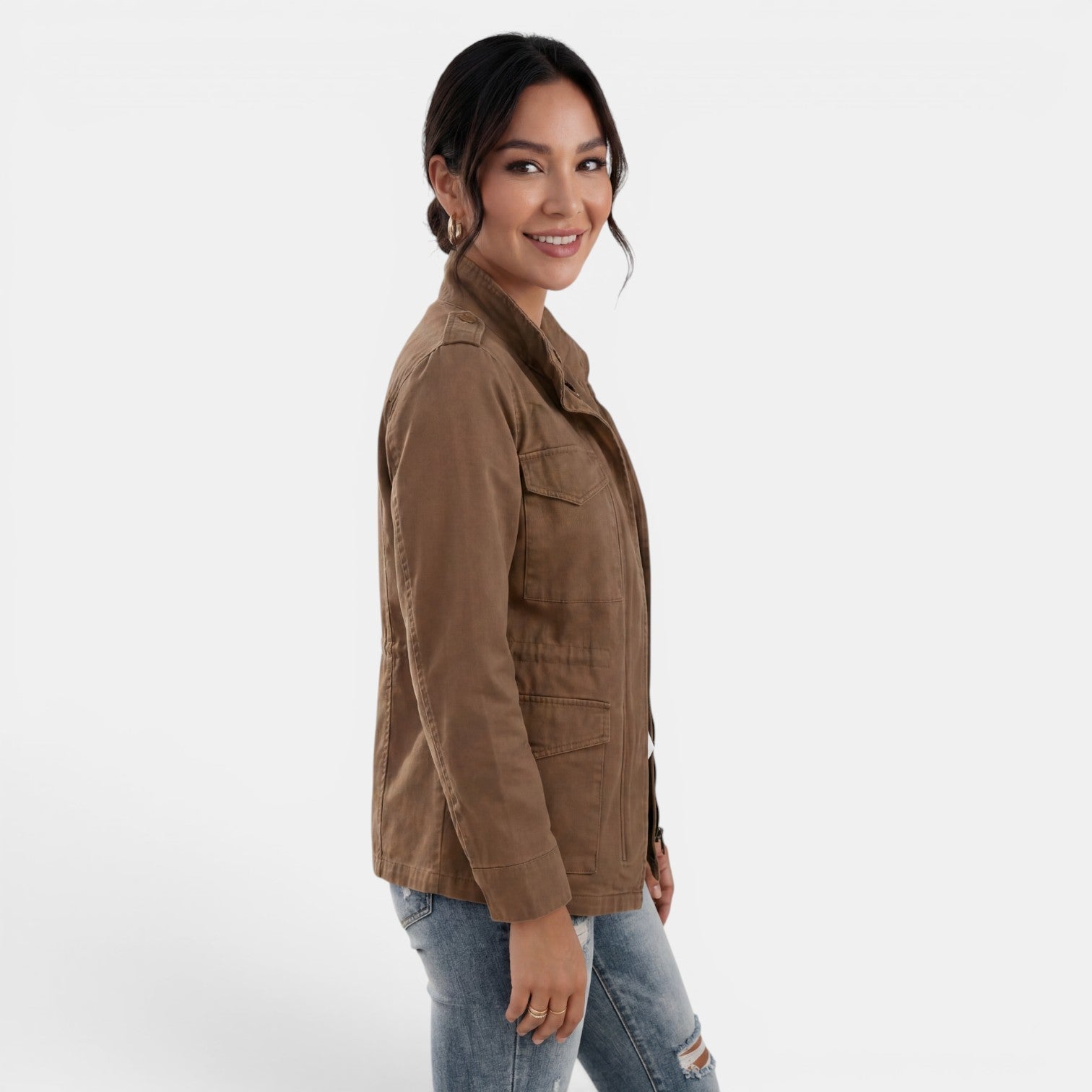 Light beige Lumina Wear Isabella relaxed fit utility jacket with adjustable collar, shown on a hanger.