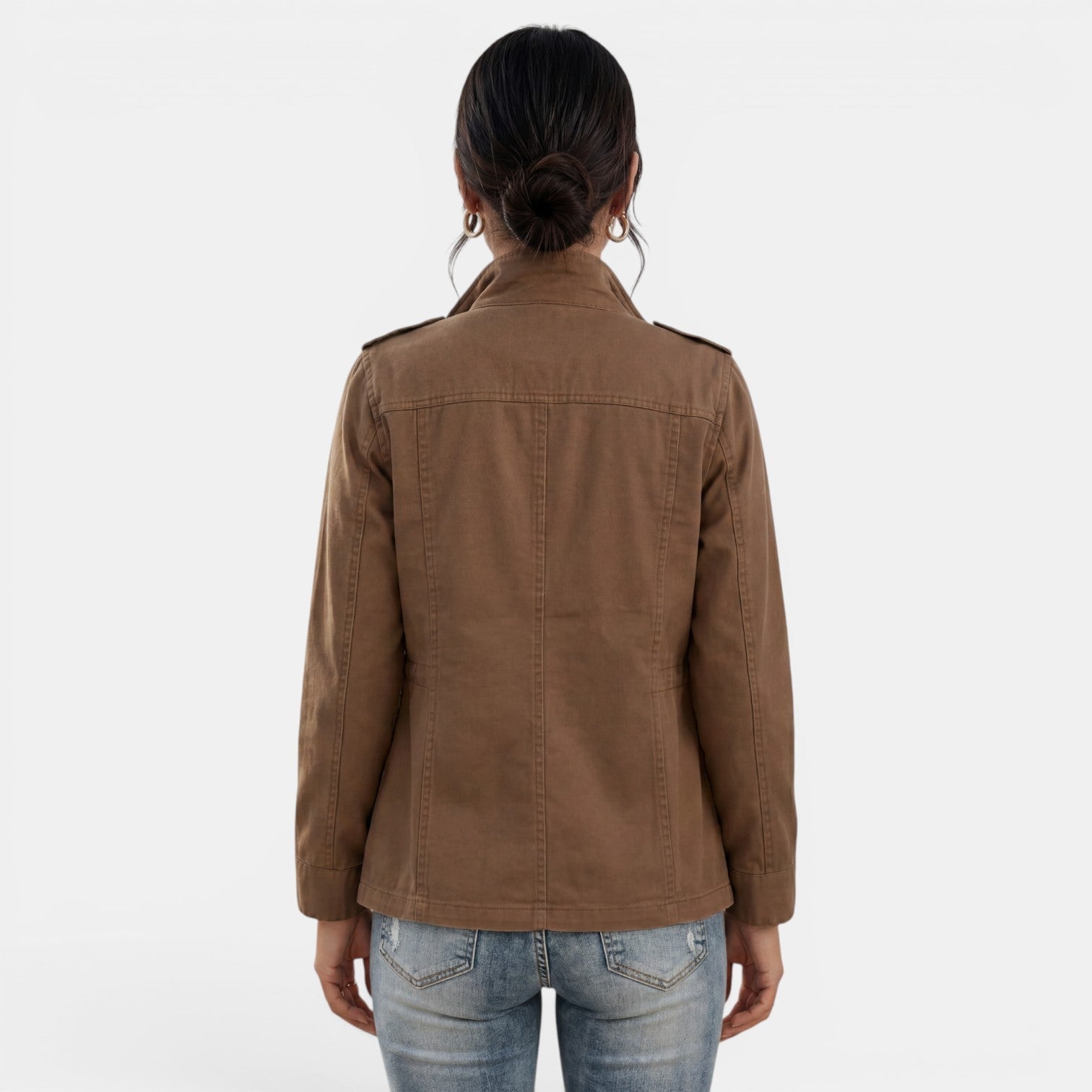Lumina Wear Isabella relaxed fit utility jacket with adjustable collar, featuring multiple pockets and lightweight fabric.