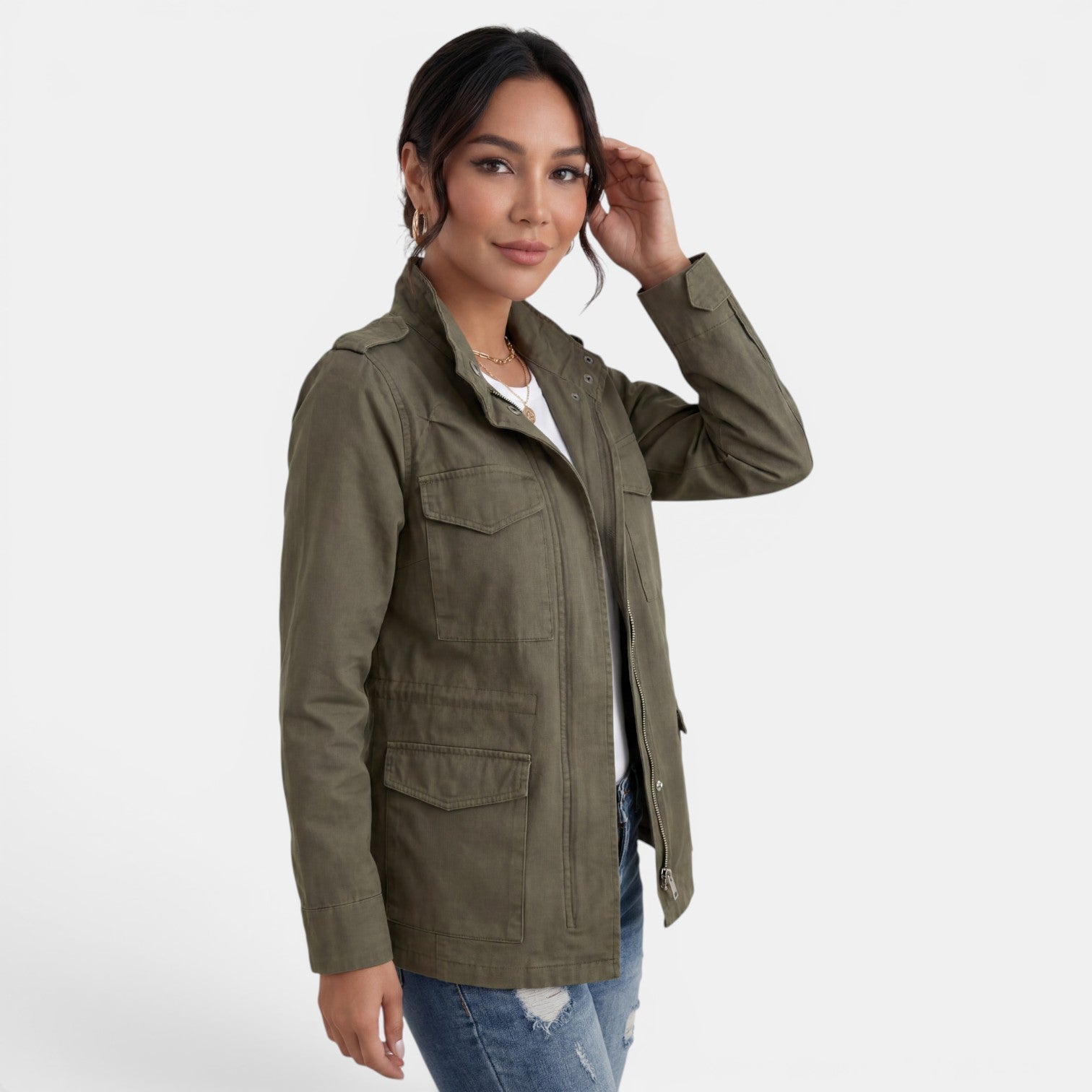 Lumina Wear Isabella relaxed fit utility jacket with adjustable collar, shown in a casual outdoor setting.