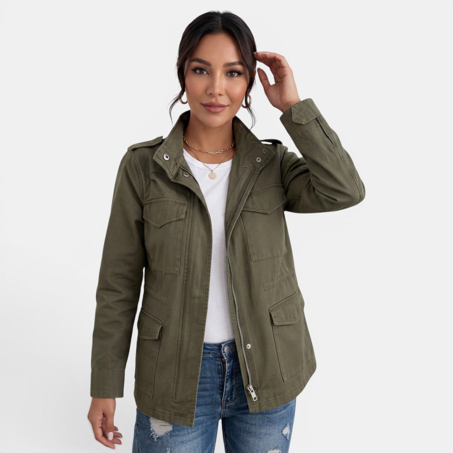Light brown Lumina Wear Isabella relaxed fit utility jacket with adjustable collar, shown on a hanger.