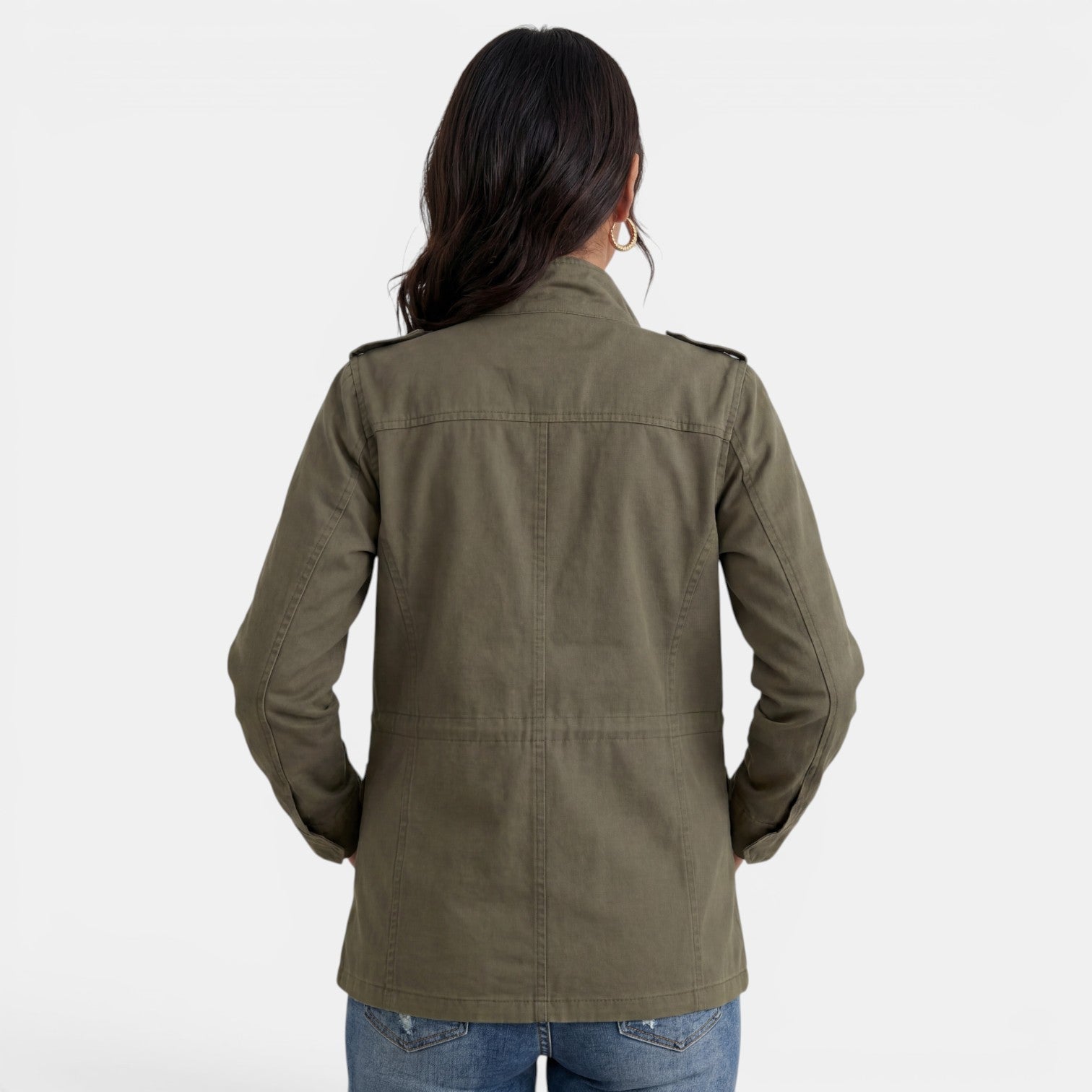 Lumina Wear Isabella relaxed fit utility jacket with adjustable collar, shown in a casual outdoor setting.