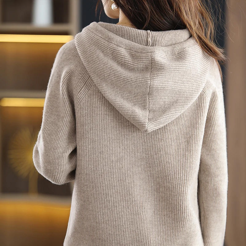 Lumina Wear Isabella women's relaxed hooded knit sweater with soft textured fabric, casual and cozy for comfortable style.