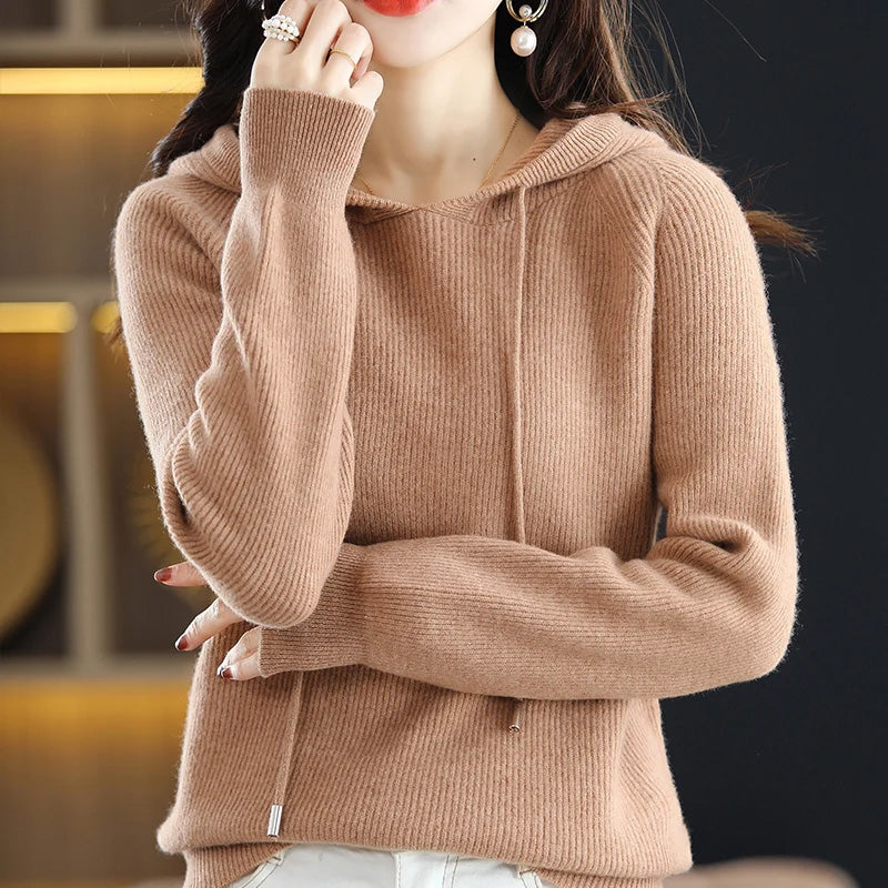 Lumina Wear Isabella relaxed hooded knit sweater for women with soft, cozy textured fabric, perfect for casual wear.