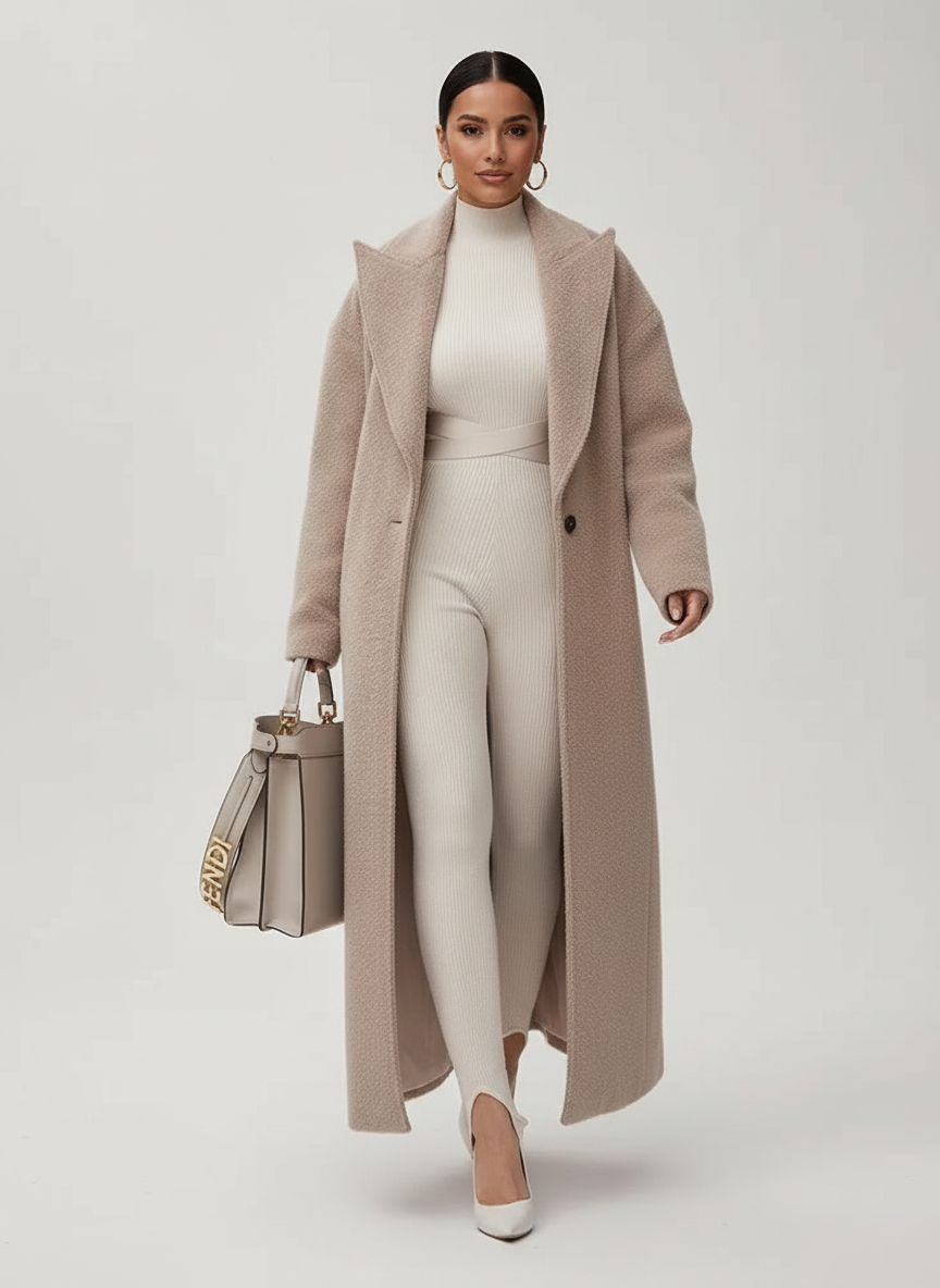 Isabella Lumina relaxed oversized wool-blend overcoat with shawl collar, displayed on a hanger showing its cozy, stylish design.