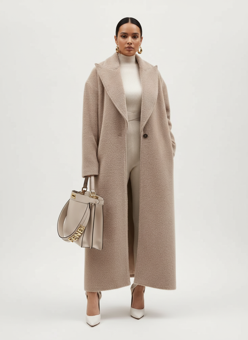 Isabella Lumina relaxed oversized wool-blend overcoat with shawl collar, shown in a cozy, stylish coat with a soft texture.