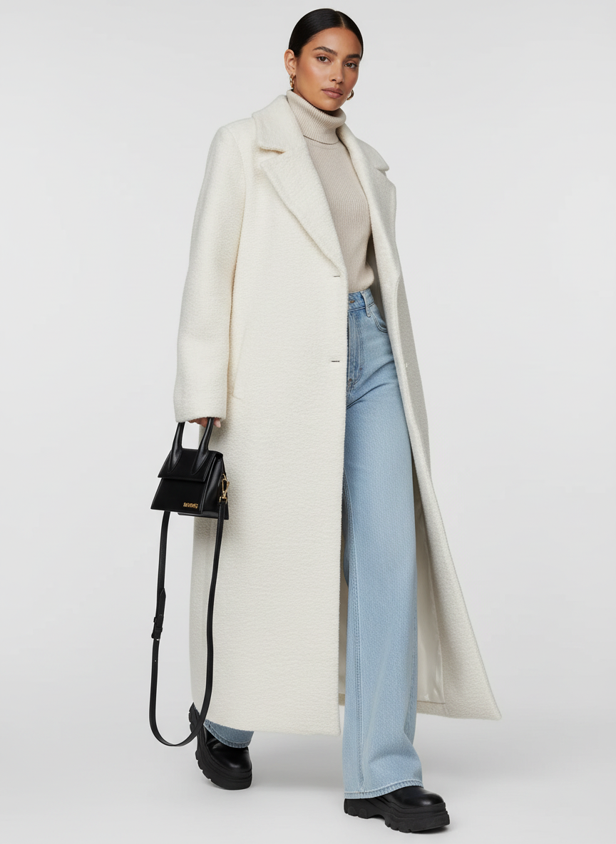 Light gray oversized Wool-Blend overcoat with shawl collar from Lumina Wear, styled casually on a model.