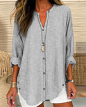 Lumina Wear Isabella relaxed striped blouse with button front, featuring lightweight fabric and casual fit for stylish comfort.