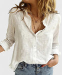 Light pink Isabella Lumina Wear relaxed V-neck blouse with button front and rolled sleeves, casual and comfortable for everyday wear.