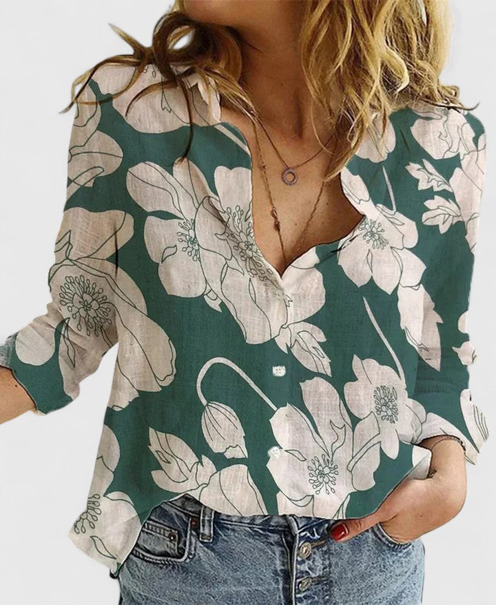 Isabella Lumina Wear relaxed V-neck blouse with button front, lightweight fabric, and casual fit, shown on a model.