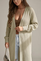 Relaxed waffle knit maxi cardigan by Lumina Wear featuring an open front and cozy textured fabric.