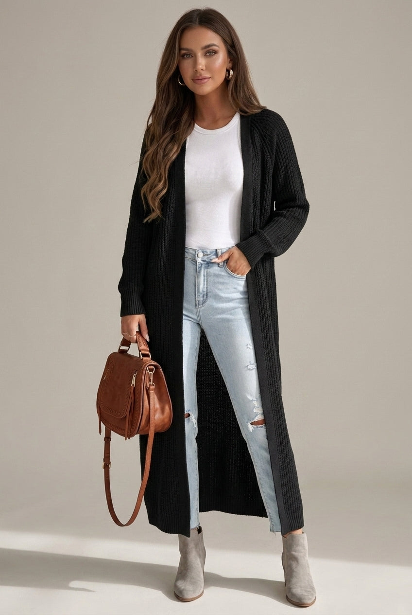 Lumina Wear Isabella relaxed waffle knit maxi cardigan with open front, showcasing soft, cozy fabric and stylish, flowing design.