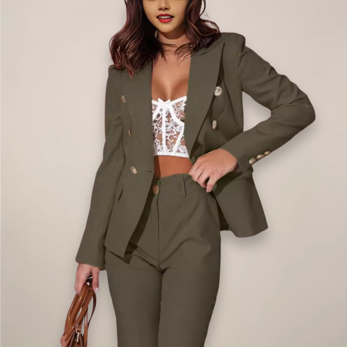Isabella Lumina Wear tailored blazer suit set with sleek lapels and modern fit, displayed on a hanger.