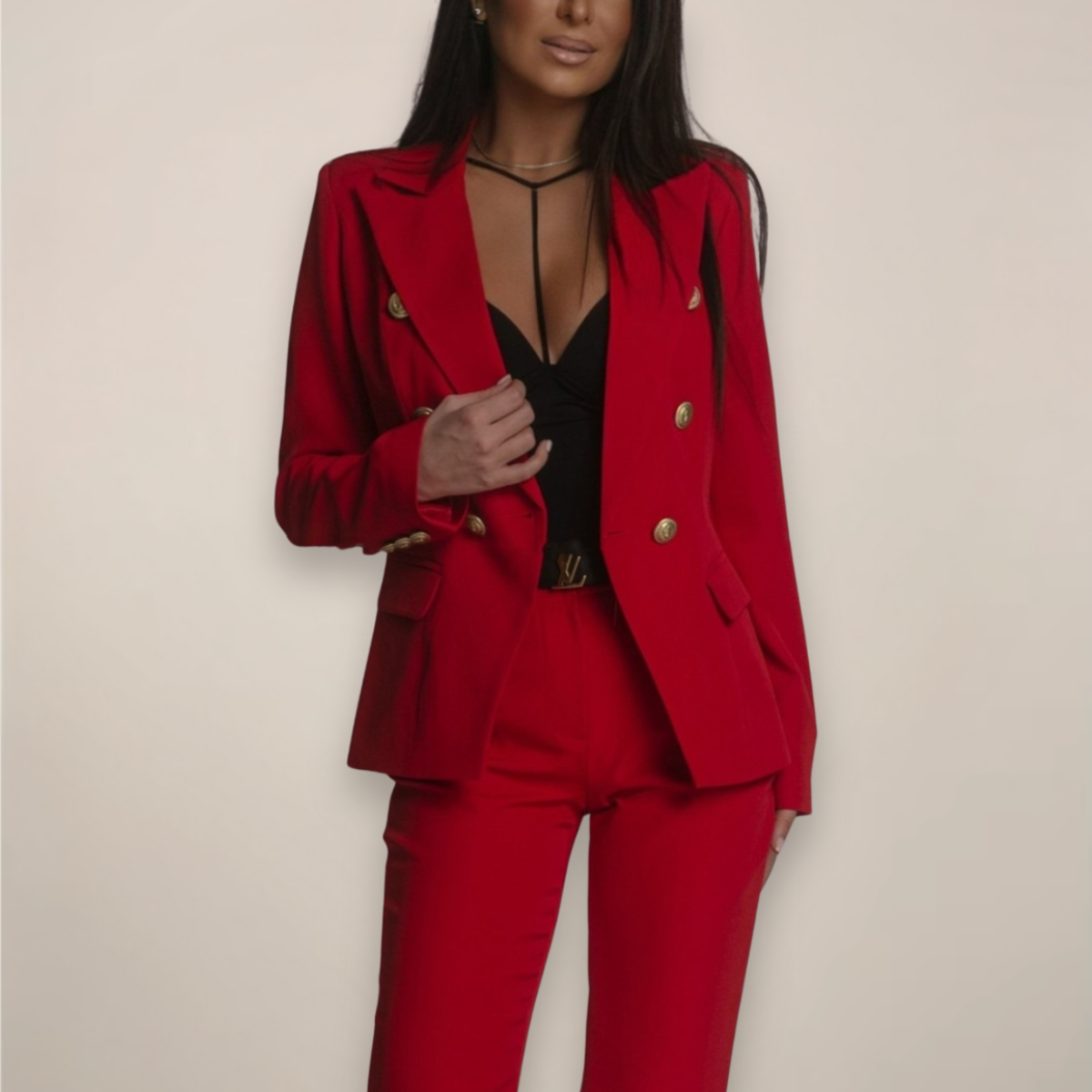 Isabella Lumina Wear tailored blazer and matching suit pants set, modern elegant design, in a sophisticated professional style.