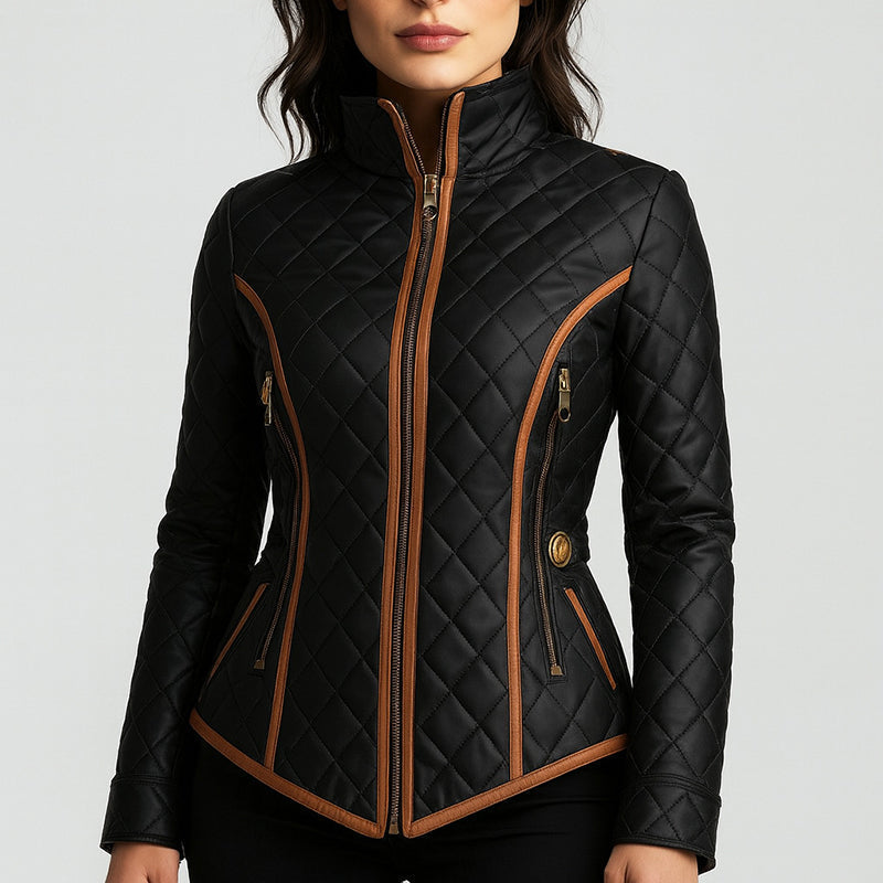 Isabella Lumina Wear slim-fit quilted jacket with contrast edging, showcasing its stylish design and tailored fit.