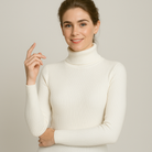 Lumina Wear Isabella slim fit ribbed turtleneck sweater with textured knit, shown in a close-up image highlighting the cozy fabric and fit.