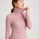 Lumina Wear Isabella slim fit ribbed turtleneck sweater featuring textured knit pattern, long sleeves, and cozy fabric.