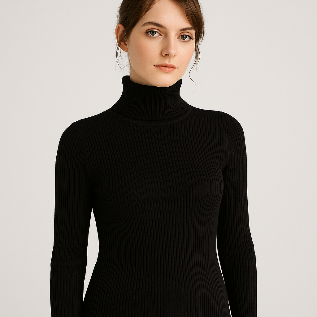 Lumina Wear Isabella slim fit ribbed turtleneck sweater with textured knit, showcasing the cozy, fitted design and detailed fabric texture.