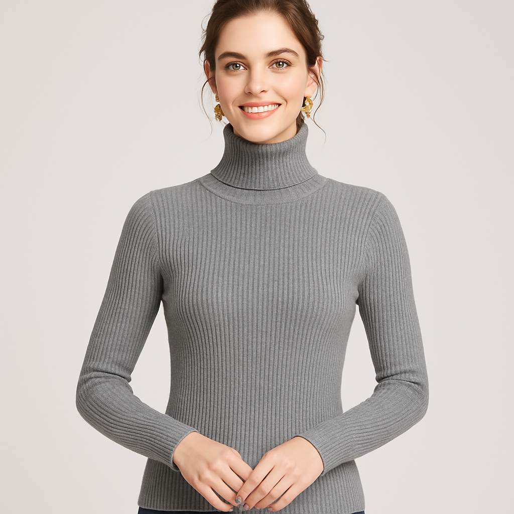 Lumina Wear Isabella slim fit ribbed turtleneck sweater with textured knit, showcasing a close-up of the stylish, cozy sweater design.