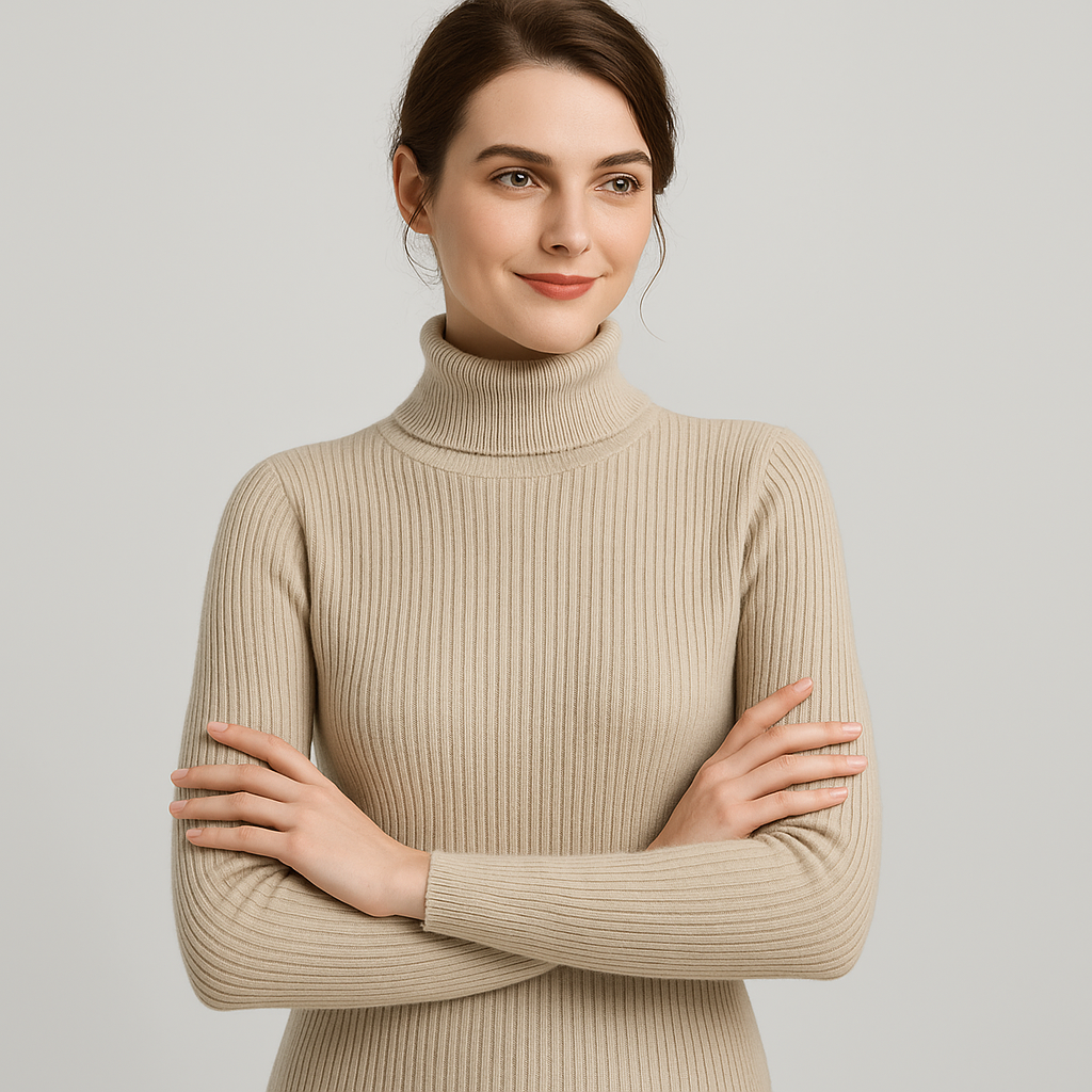 Lumina Wear Isabella slim fit ribbed turtleneck sweater with textured knit, shown in a close-up of the stylish design and fabric detail.