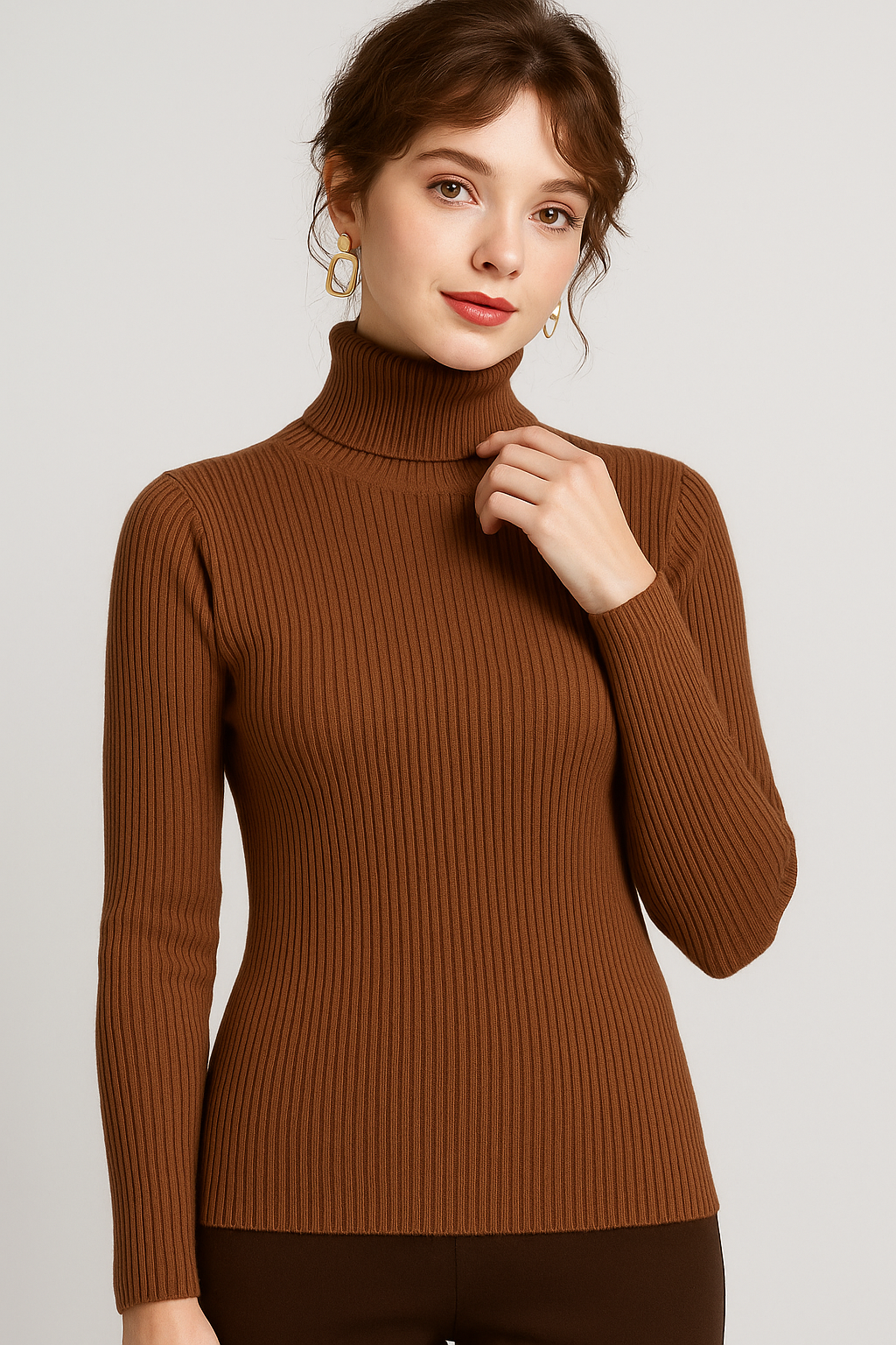 Isabella Lumina Wear slim fit ribbed turtleneck sweater with textured knit, showcasing the cozy, fitted design and detailed fabric pattern.