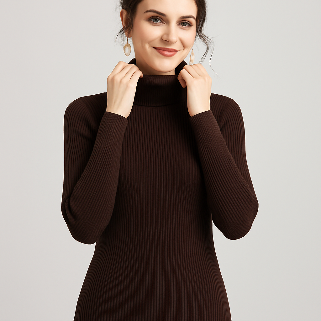 Lumina Wear Isabella slim fit ribbed turtleneck sweater with textured knit, showcasing a cozy, fitted design in soft fabric.