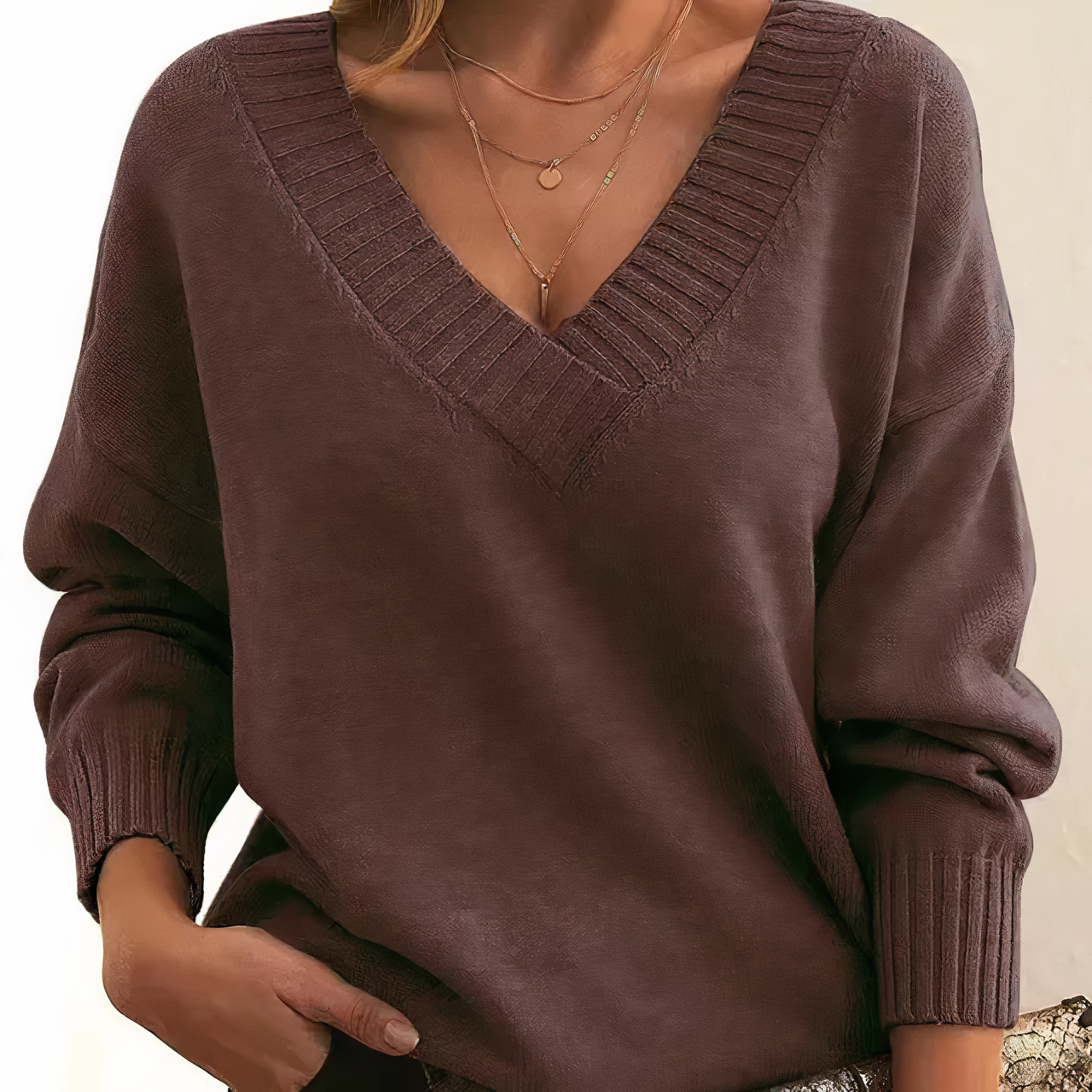 Lumina Wear Isabella lightweight V-neck sweater with soft relaxed fit and ribbed trims, perfect for casual and comfortable style.