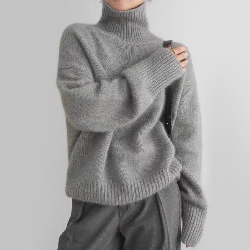 Lumina Wear Isabella soft relaxed knit turtleneck sweater with cozy fit, shown in a comfortable, casual style.