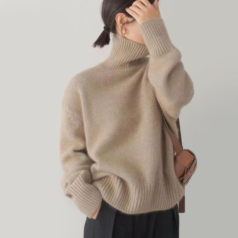 Lumina Wear Isabella soft relaxed knit turtleneck sweater with cozy fit, shown in a comfortable, stylish fit.