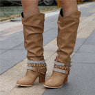 Women's knee-high boots with studded strap details, slouch design, block heel, by Lumina Wear, named Isabella.