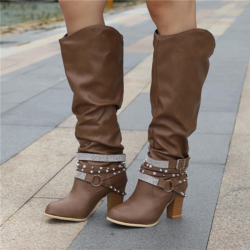 Lumina Wear Isabella women's knee-high boots with studded strap, slouch design, and block heel, made for stylish comfort.