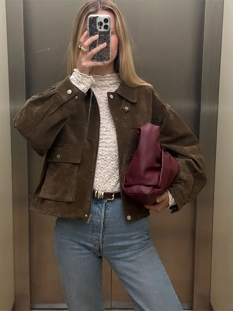 Isabella | Suede Utility Jacket with Flap Pockets and Zip Front - Lumina 5