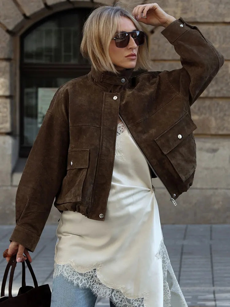 Isabella | Suede Utility Jacket with Flap Pockets and Zip Front - Lumina 6