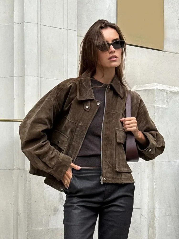 Lumina Wear Isabella women's suede utility jacket with zip front and flap pockets, stylish and functional outerwear.